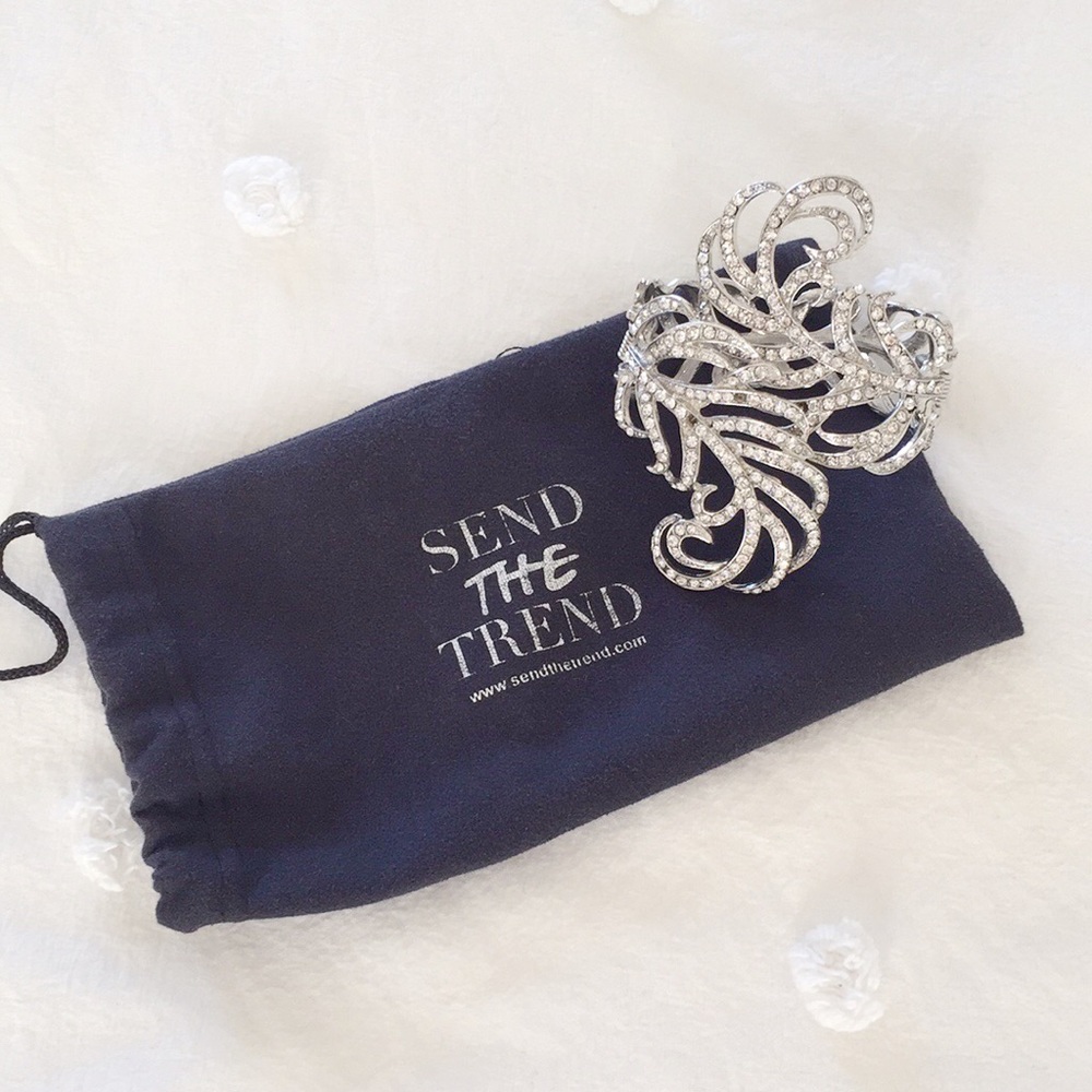 Silver Rhinestone Feather Cuff
